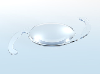 Intraocular lens (IOL). Medical 3D illustration  on light bue background