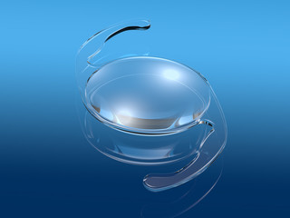 Intraocular lens (IOL) on blue background, medically 3D illustration - obrazy, fototapety, plakaty