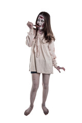 Full length of asian female zombie isolated over white background