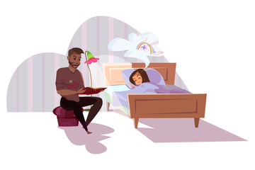 Father reading for daughter flat illustration