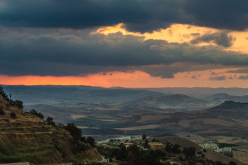 Wonderful Sicilian Landscape at Sunset During a Cloudy Day, Mazzarino, Caltanissetta, Sicily, Italy, Europe