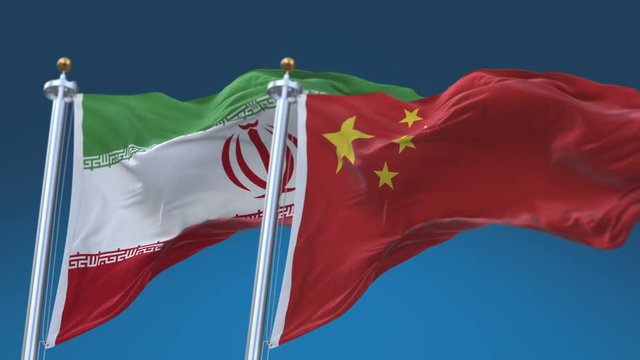 4k Seamless Iran and China Flags with blue sky background;A fully digital rendering;The animation loops at 20 seconds;IRI IR CHN CN.