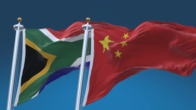 4k Seamless South Africa and China Flags with blue sky background;A fully digital rendering;The animation loops at 20 seconds;ZA CHN CN.