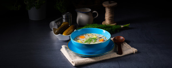 Polish sour cucumber soup or salt cucumber soup.