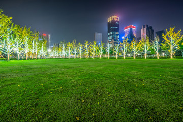 buildings and green lawn at night
