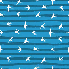Swallow. Fly bird in strips sky seamless pattern