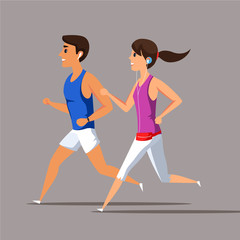 Joggers with earphones flat vector illustration