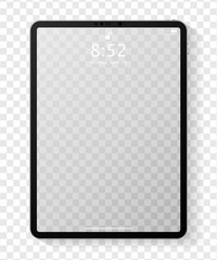Realistic tablet computer mockup with transparent empty lock screen. Modern tablet PC template design isolated on transparent background. Vector Illustration