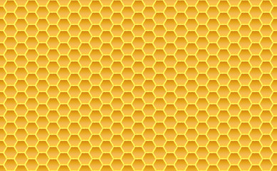 Gold honey hexagonal cells seamless texture. Mosaic or speaker fabric shape pattern. Golden honeyed comb grid texture and geometric hive hexagonal honeycombs. Vector illustration - obrazy, fototapety, plakaty