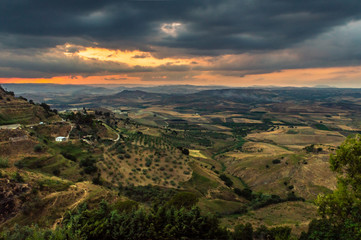 Fototapeta na wymiar Wonderful Sicilian Landscape at Sunset During a Cloudy Day, Mazzarino, Caltanissetta, Sicily, Italy, Europe