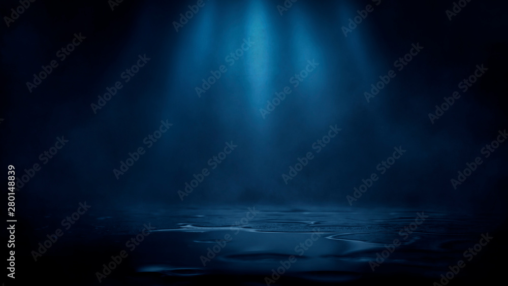 Wall mural wet asphalt, reflection of neon lights, a searchlight, smoke. abstract light in a dark empty street 