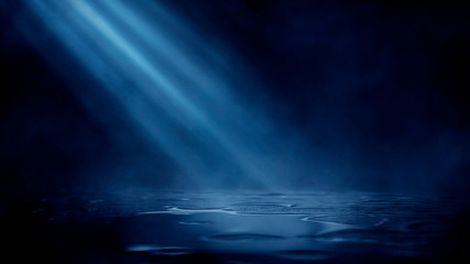 Fototapeta premium Wet asphalt, reflection of neon lights, a searchlight, smoke. Abstract light in a dark empty street with smoke, smog. Dark background scene of empty street, night view, night city.