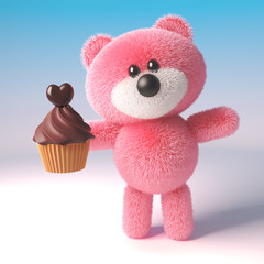 Teddy bear character with pink fur is about to eat a delicious chocolate cupcake for dessert, 3d illustration