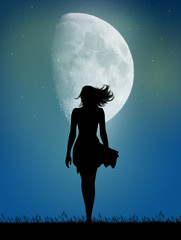 woman walks in the moonlight