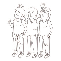 Teenagers friends smiling and greeting in black and white