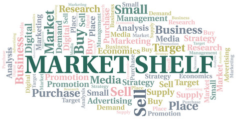 Market Shelf word cloud. Vector made with text only.