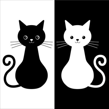 Vector illustration of couple cats black and white colors. Love story cats
