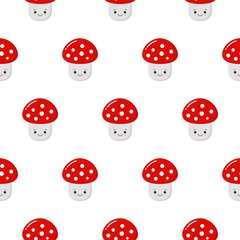 Cartoon Amanita muscaria fly agaric mushroom seamless pattern. Wild forest cute mushrooms vector illustration.