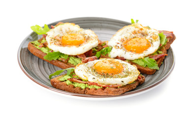 Plate with tasty toasts on white background