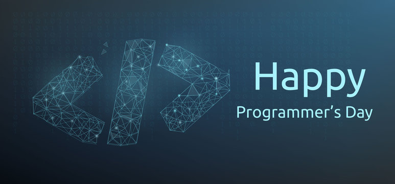 Happy programmer day banner or greeting card with code symbol in polygonal wireframe style. Vector illustration.