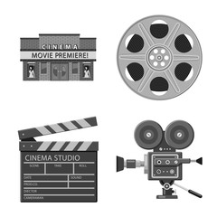 Vector illustration of cinematography and studio sign. Collection of cinematography and filming stock vector illustration.