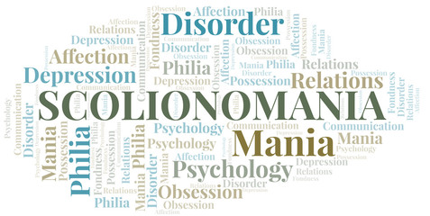 Scolionomania word cloud. Type of mania, made with text only.
