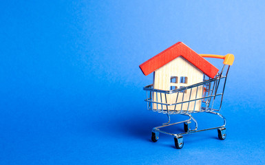 Wooden house in a Supermarket trading cart. The concept of buying a house or apartment. Affordable...