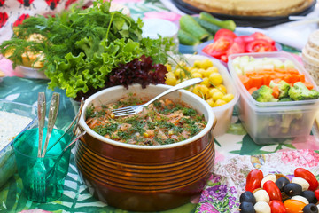 tasty dish in a pot on a picnic