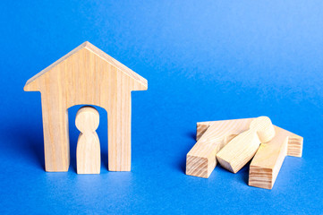 Figures unscathed and broken homes with tenants. The concept of indifference and no help in natural...