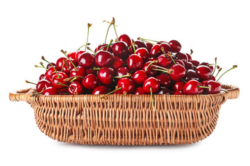 Basket with sweet ripe cherry on white background