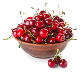 Bowl with sweet ripe cherry on white background