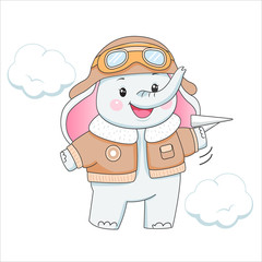baby elephant in aviator clothes with plane. Children illustration