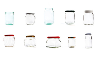 set of empty glass jar for conservation, isolated on white background.