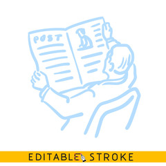 Man reading newspaper. Blue color line doodle sketch. Editable stroke icon.