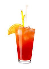 Glass of tasty summer cocktail on white background