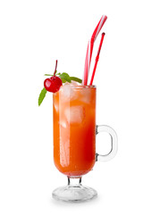 Glass cup of tasty summer cocktail on white background