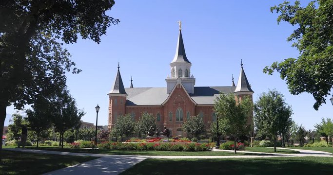 Provo Utah LDS Mormon Temple and park religion. Springtime weather. Sacred church, historic building used for religion learning and training. Church of Jesus Christ of Latter-day Saints