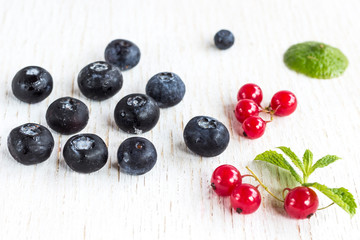 Blueberries and red currants, a sprig of mint on a white background