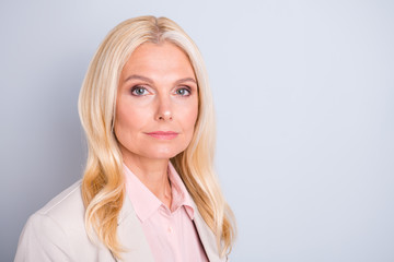 Close-up portrait of her she nice attractive charming lovely stylish content calm candid wavy-haired lady human resources manager executive director isolated over light white gray pastel background