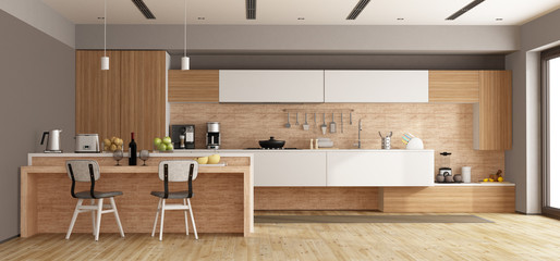 White and wooden modern kitchen with island - 3d rendering - obrazy, fototapety, plakaty
