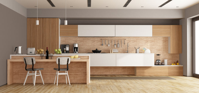White and wooden modern kitchen with island - 3d rendering