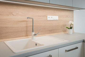 Sink and worktop of contemporary kitchen