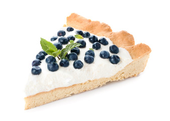 Slice of tasty bilberry pie on white background