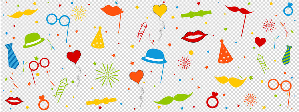 Photo Booth Wedding Carnival Equipment Icons With Circles And Stars - Colorful Vector Illustration - Isolated On Transparent Background