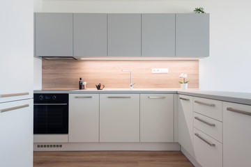 Interior of modern kitchen with built-in appliances