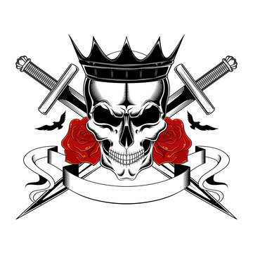 Skull in a crown with roses, swords, birds, ribbon. Vector image on white background.