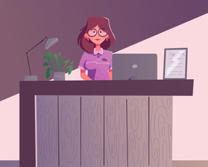 Reception desk. Hotel receptionist character. Cartoon vector illustration.