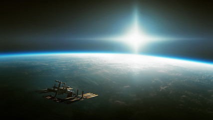 Spaceship is moving towards a mysterious glow.  Some elements of this image are furnished by NASA © zenobillis