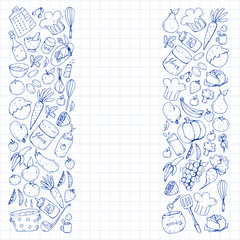 Healthy food and cooking. Fruits, vegetables, household. Doodle vector set.