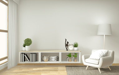 shelf tv in zen modern empty room, mock up minimal design, 3d rendering - obrazy, fototapety, plakaty